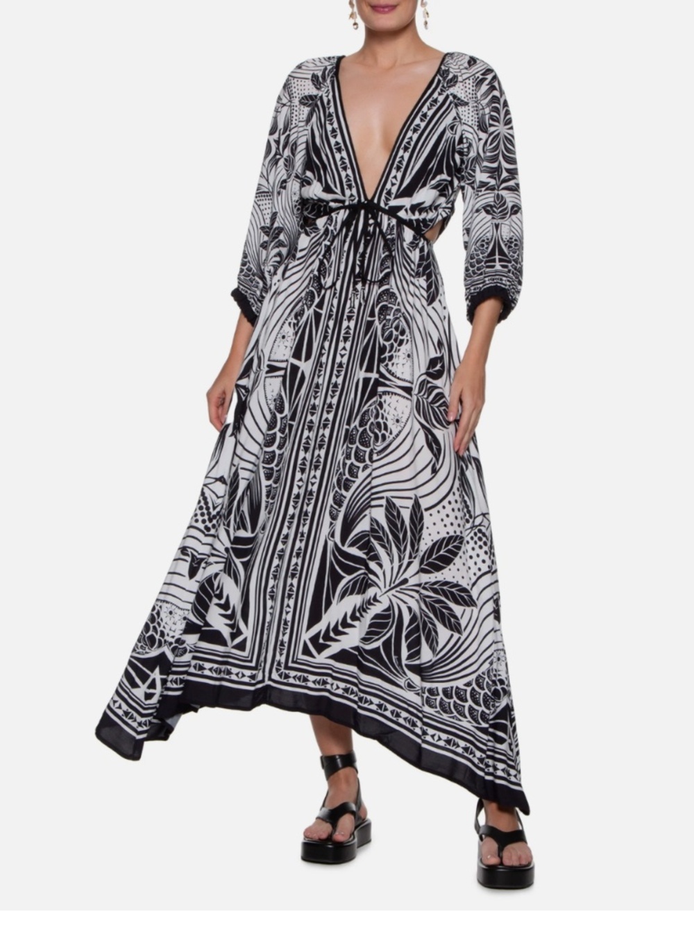 Farm Rio Longo Foz Black White V-Neck Cut Out Sides Dress Nwt M - Picture 2 of 8